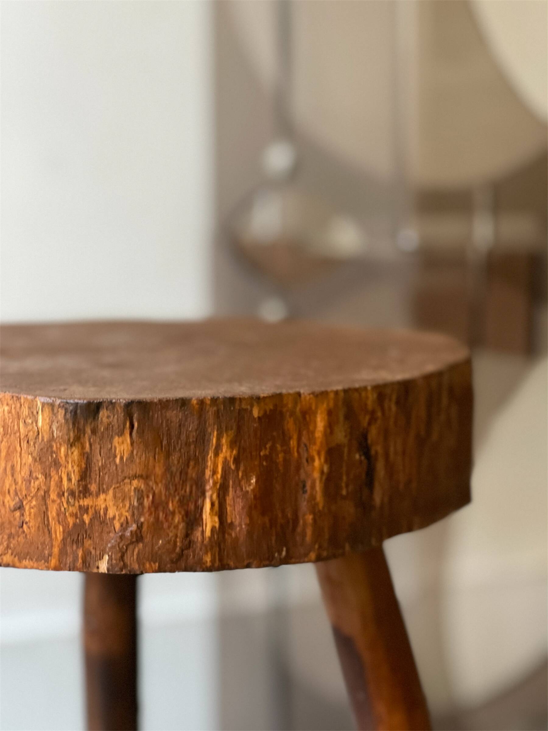 brutalist solid wood tripod stool, France circa 1960