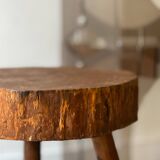 brutalist solid wood tripod stool, France circa 1960