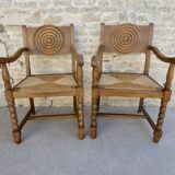 Pair of neo-Basque armchairs, wooden and mulched seat