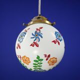 1910s English Arts & Crafts Opaline Pendant Lamp with Hand-Painted Flowers