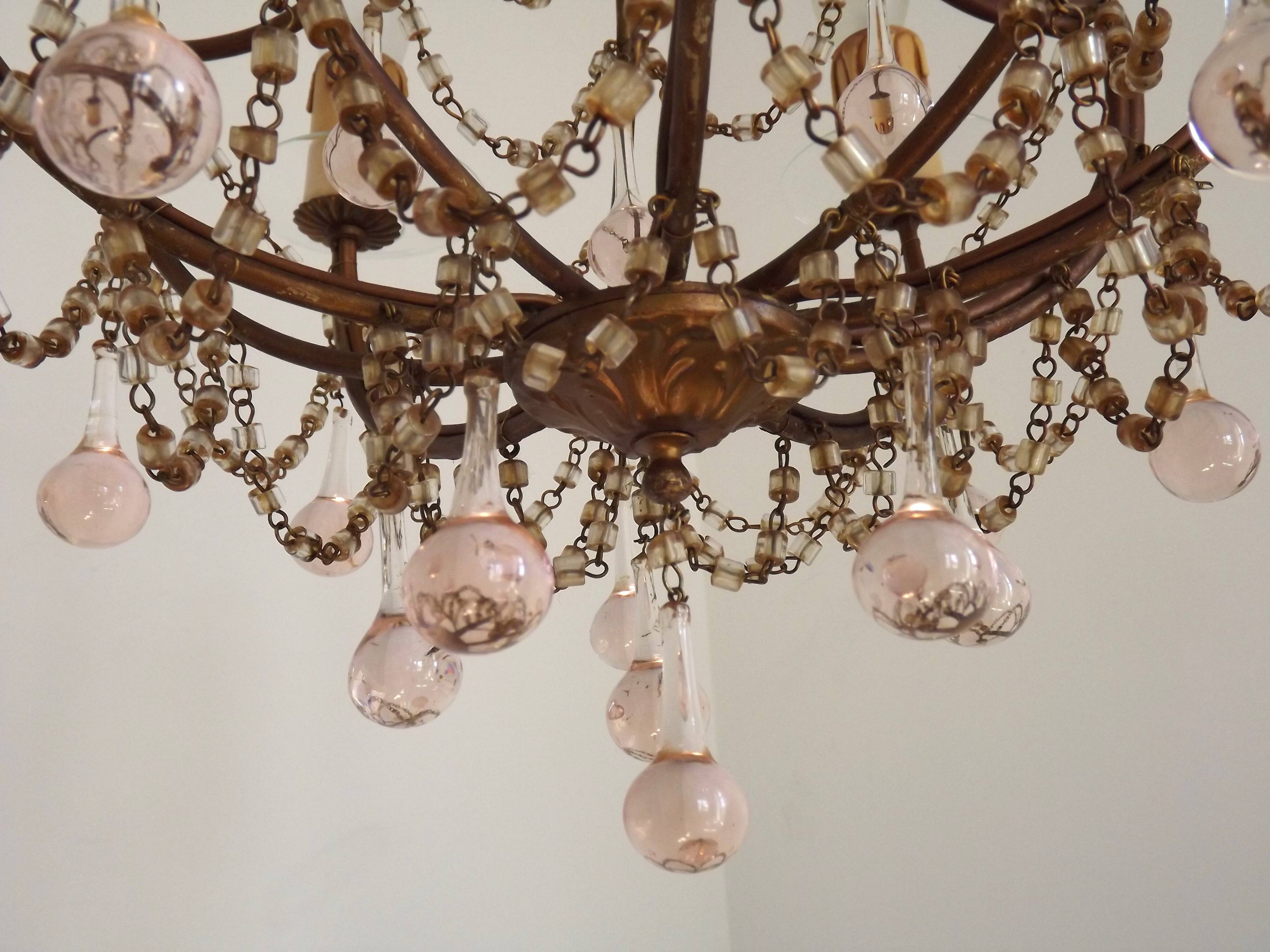 Vintage Italian 5 Arm Gilded Metal Cage Chandelier Beads &Pink Murano Drops