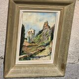 Peinture à l'huile antique représentant un clocher d'église en paysage du XIXe siècle