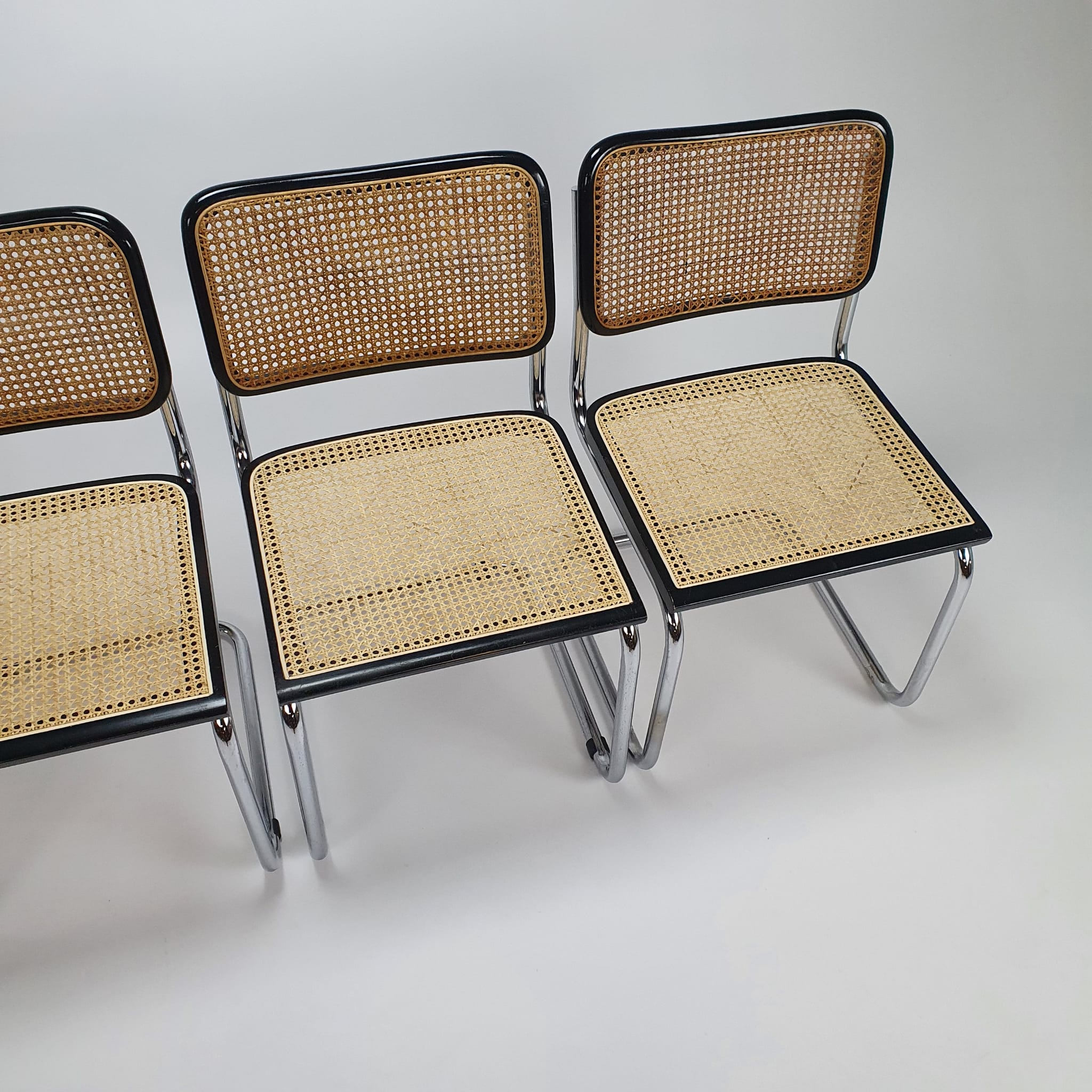 Set of 4 tubular frame and cane cantilever dining chairs Breuer Marcel italy, 1970s