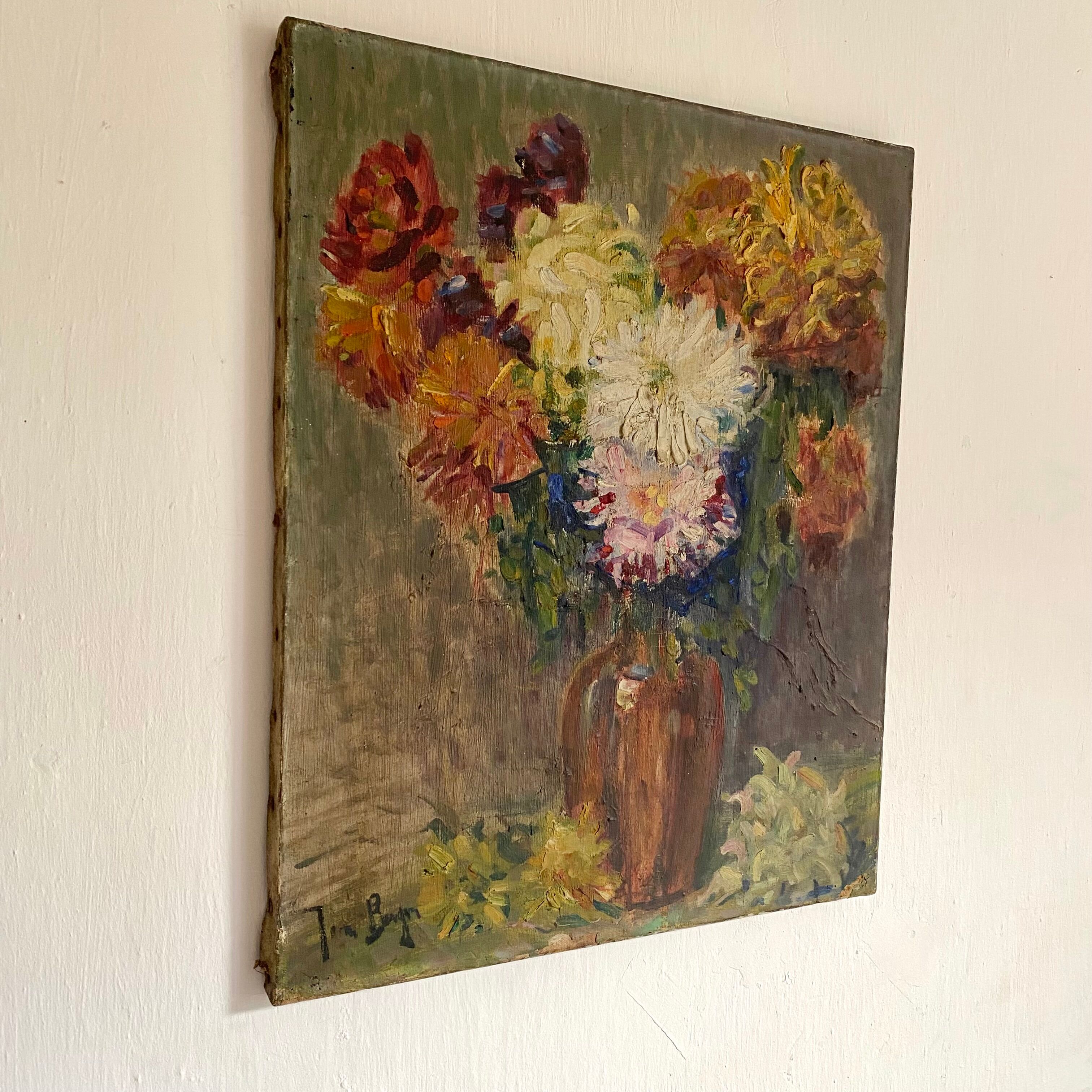 Oil on ancient canvas, still life bouquet of flowers