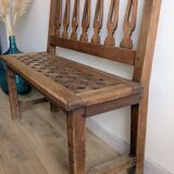 Old church bench in pitch pine, rustic charm and authentic patina.