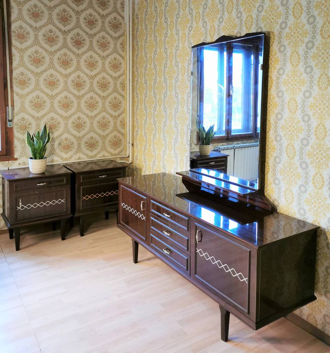 Mid-Century Wooden Dresser Sideboard with Detachable Mirror: 1970s Vintage