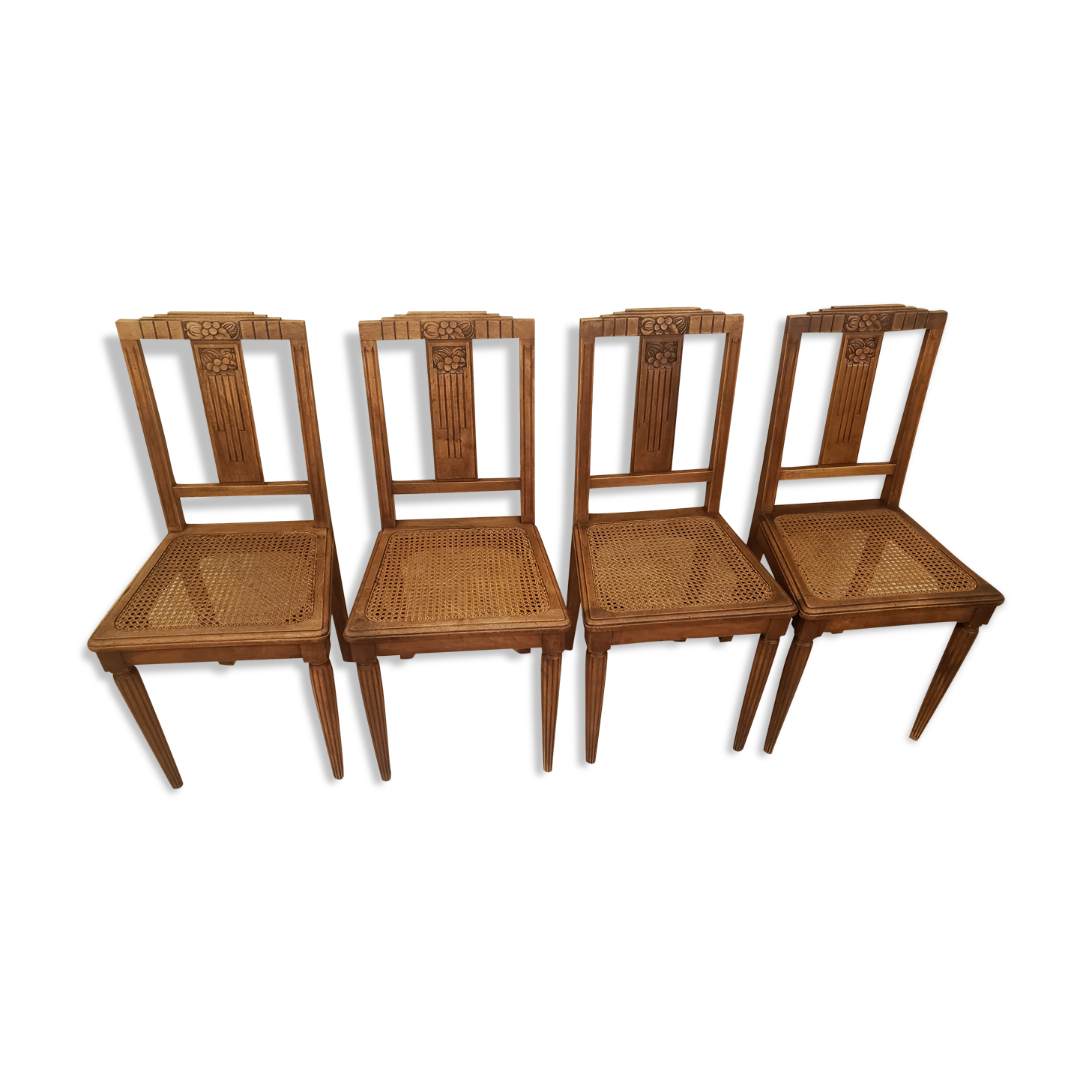 Lot de 4 anciennes chaises cannées en bois art déco
