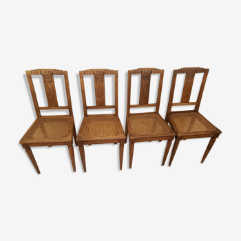 Lot de 4 anciennes chaises cannées en bois art déco