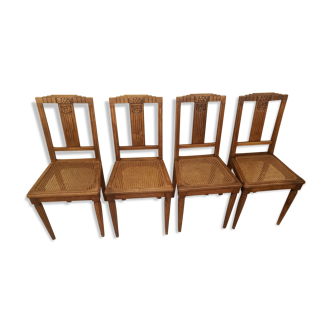 Lot de 4 anciennes chaises cannées en bois art déco