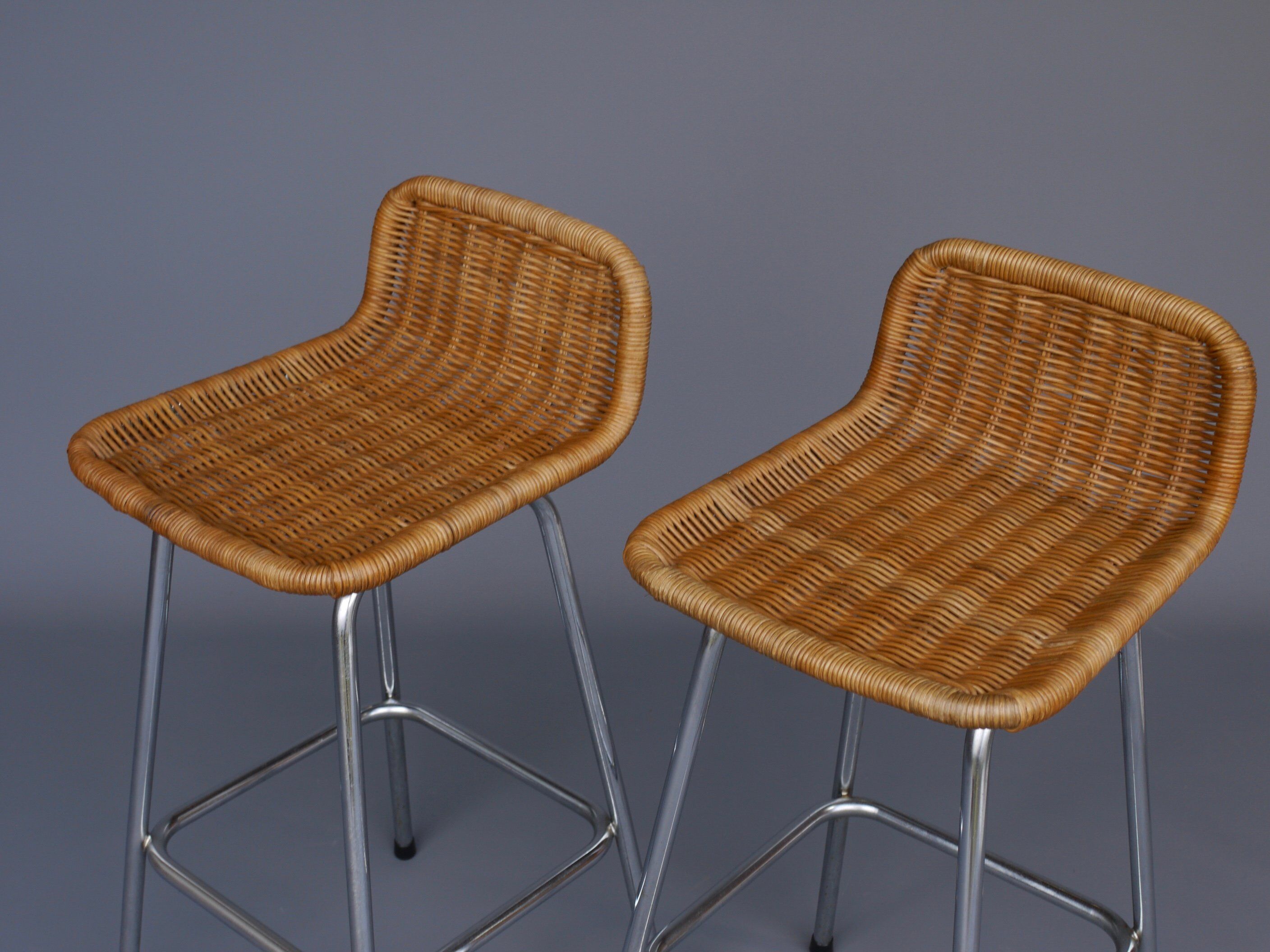 Chromed Steel and Rattan Bar Stools from Rohé Noordwolde, 1960s, Set of 2