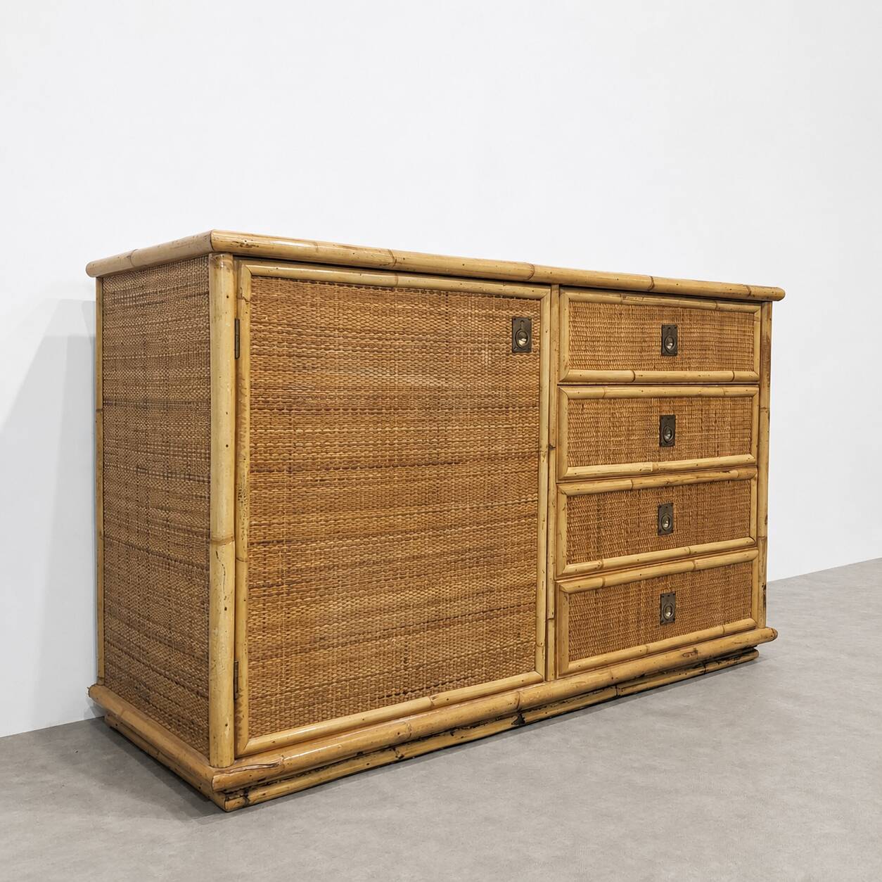 Vintage buffet in rattan and bamboo, Italy, circa 1970.