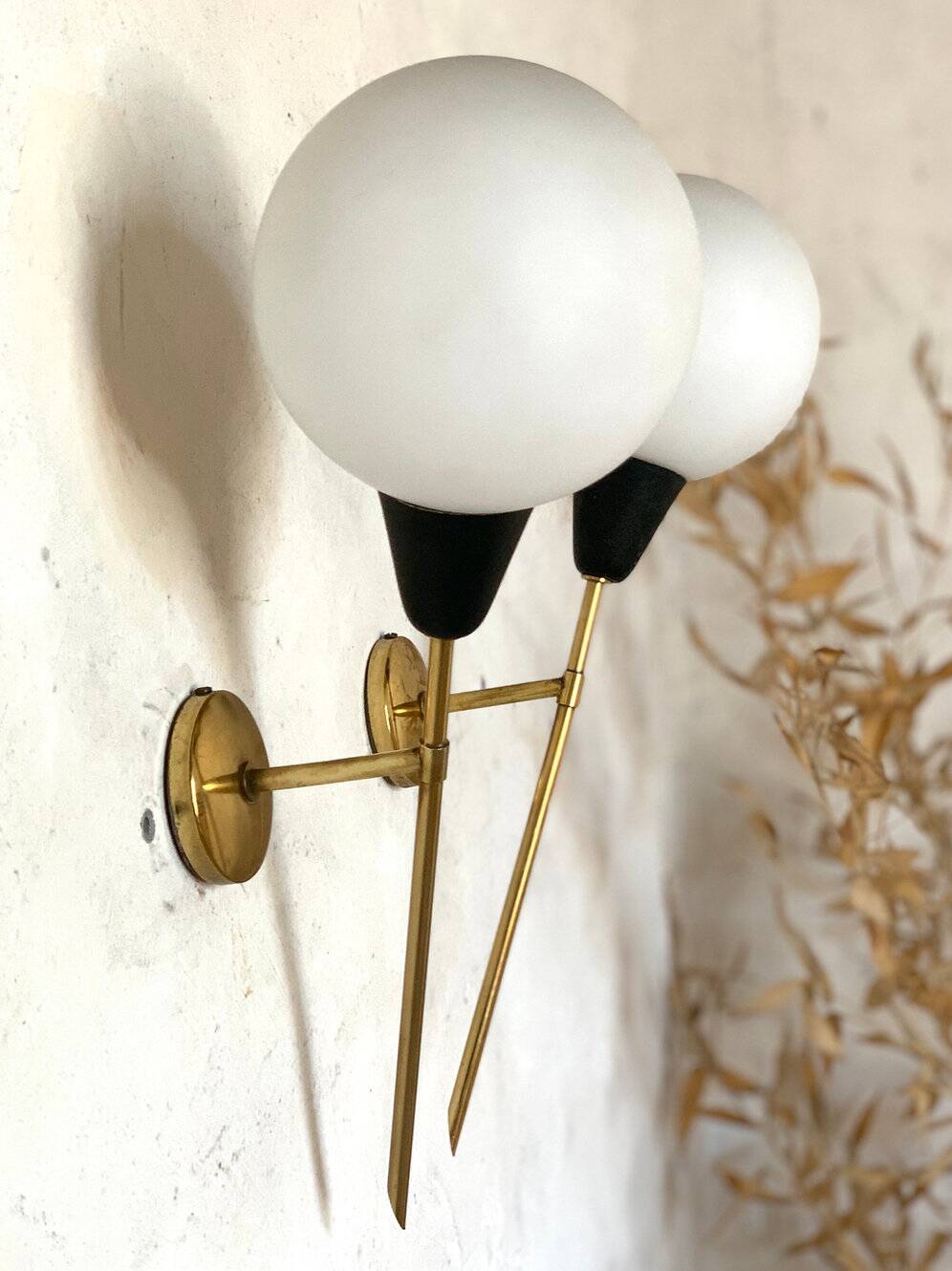 Pair of vintage brass and opaline wall sconces