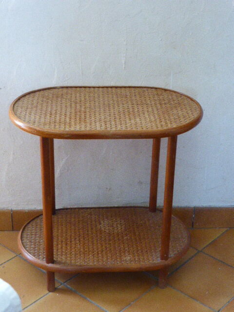 Side table, serving, pedestal, double tray, wood and vintage caning