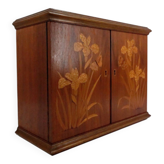 Art Nouveau wall cabinet in wood inlaid with irises and butterflies