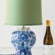 Royal Delft blue ceramic lamp, 1971, new pistachio silk shade.