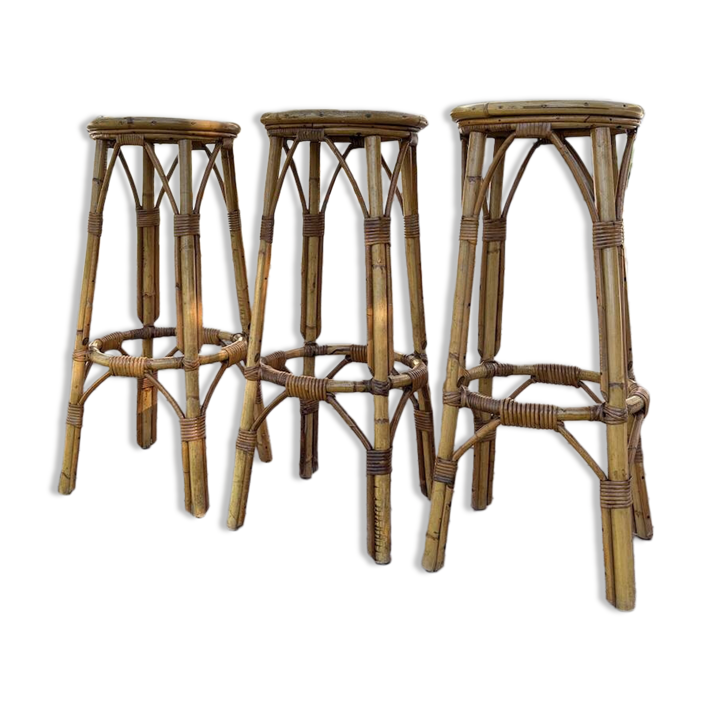 3 tabourets rotin vintage