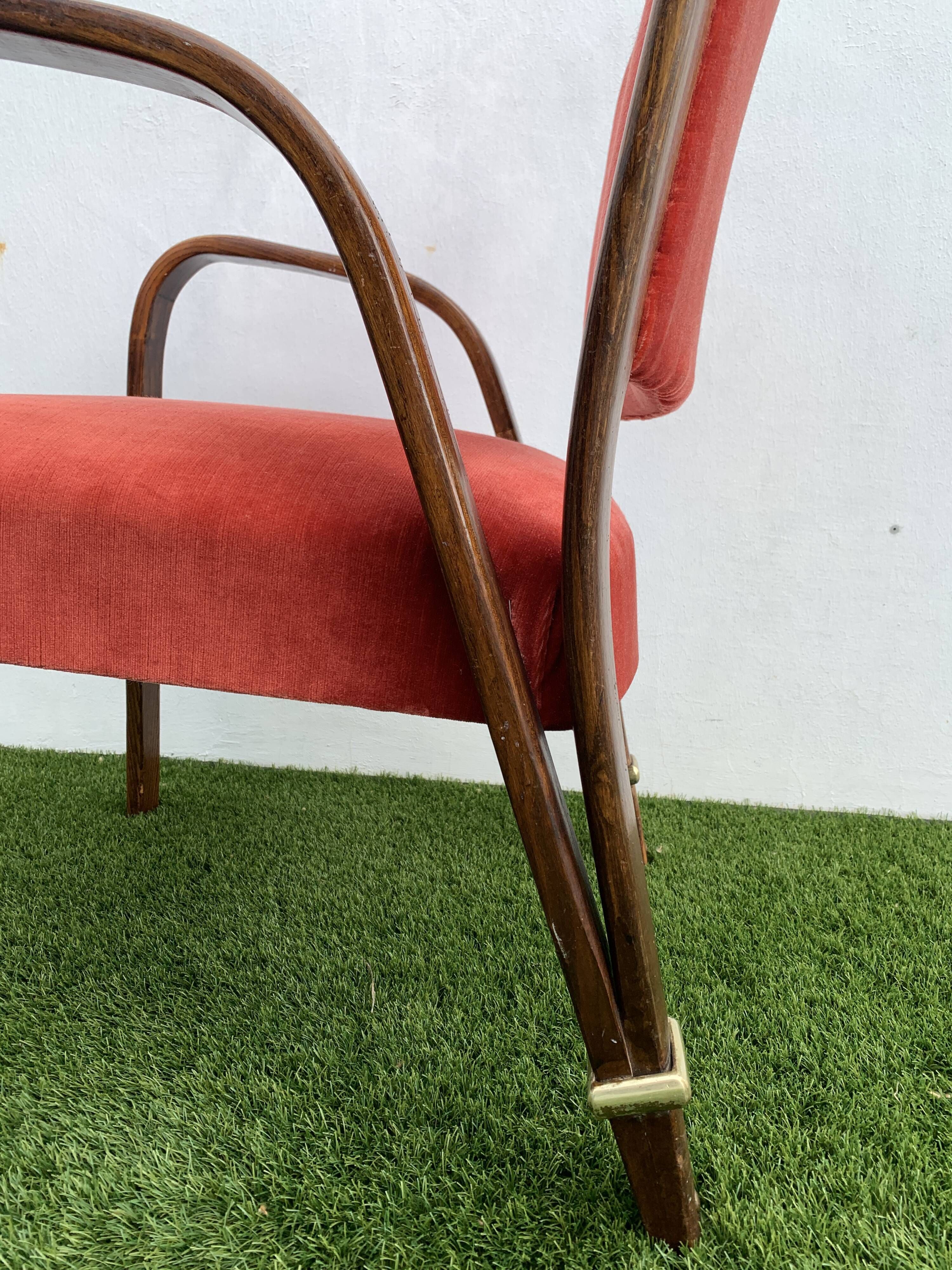 Hugues Steiner armchair, bow-wood model, curved wood and velvet, 1950