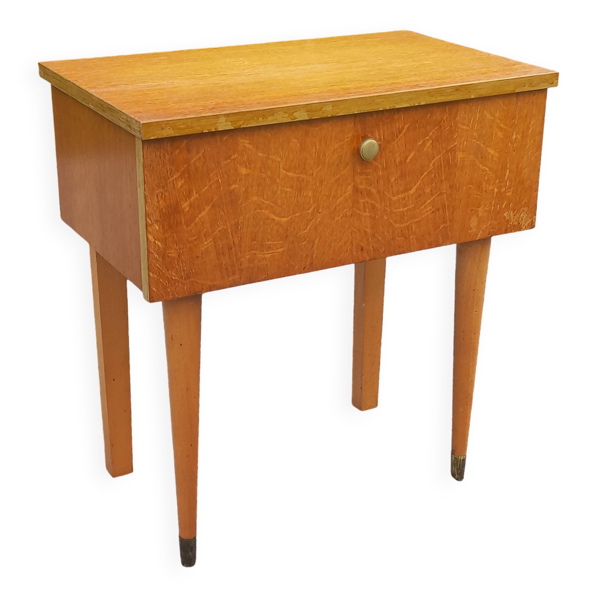 Vintage 1950s bedside table in blond oak with conical legs