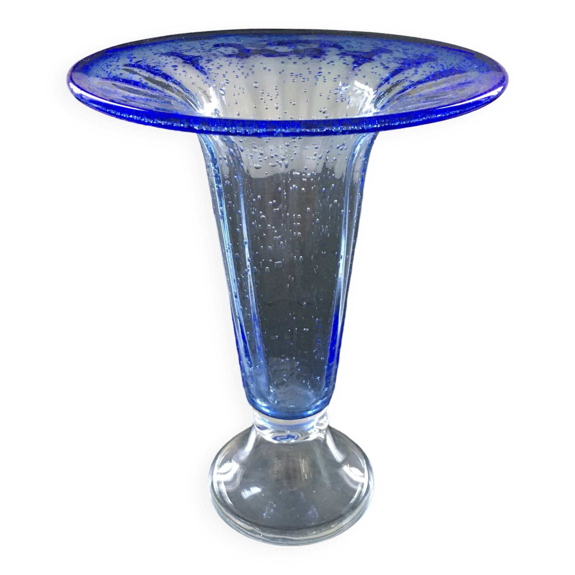 Large blue bubble glass vase