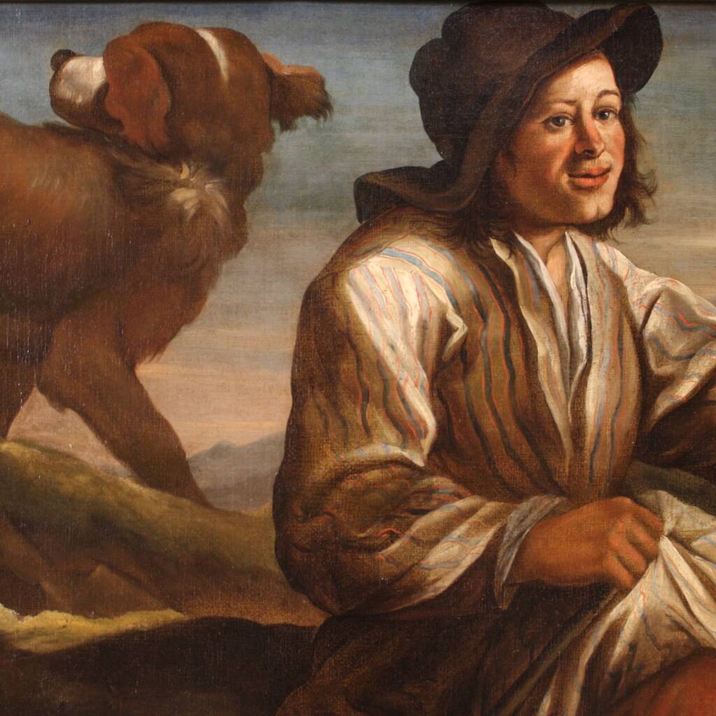 Peinture lombarde du XVIIe siècle, le berger avec ses chiens