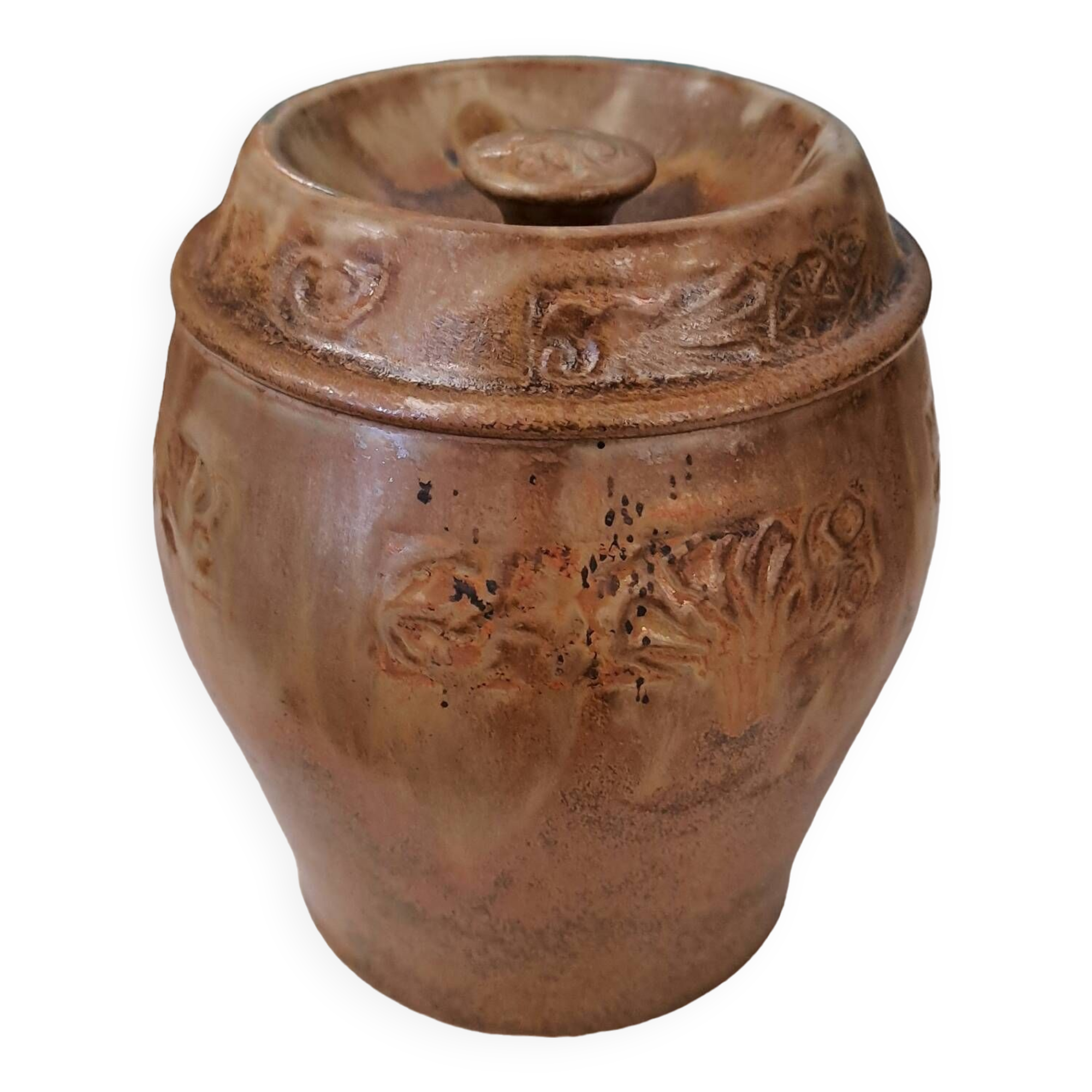 Enamelled stoneware pot signed Denbac