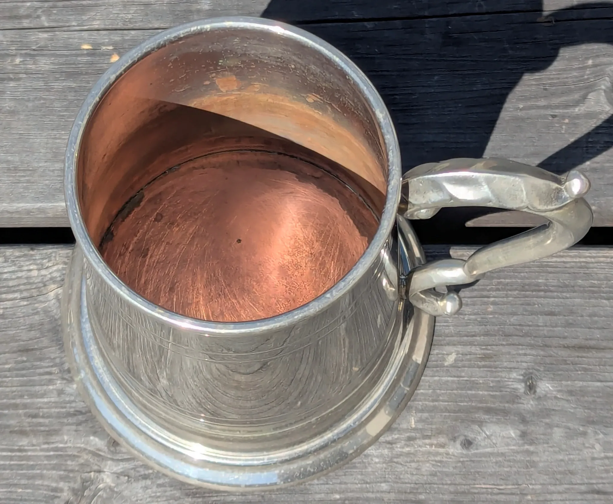 Half-pint beer tankard, silver-plated copper, handle, England, pub.