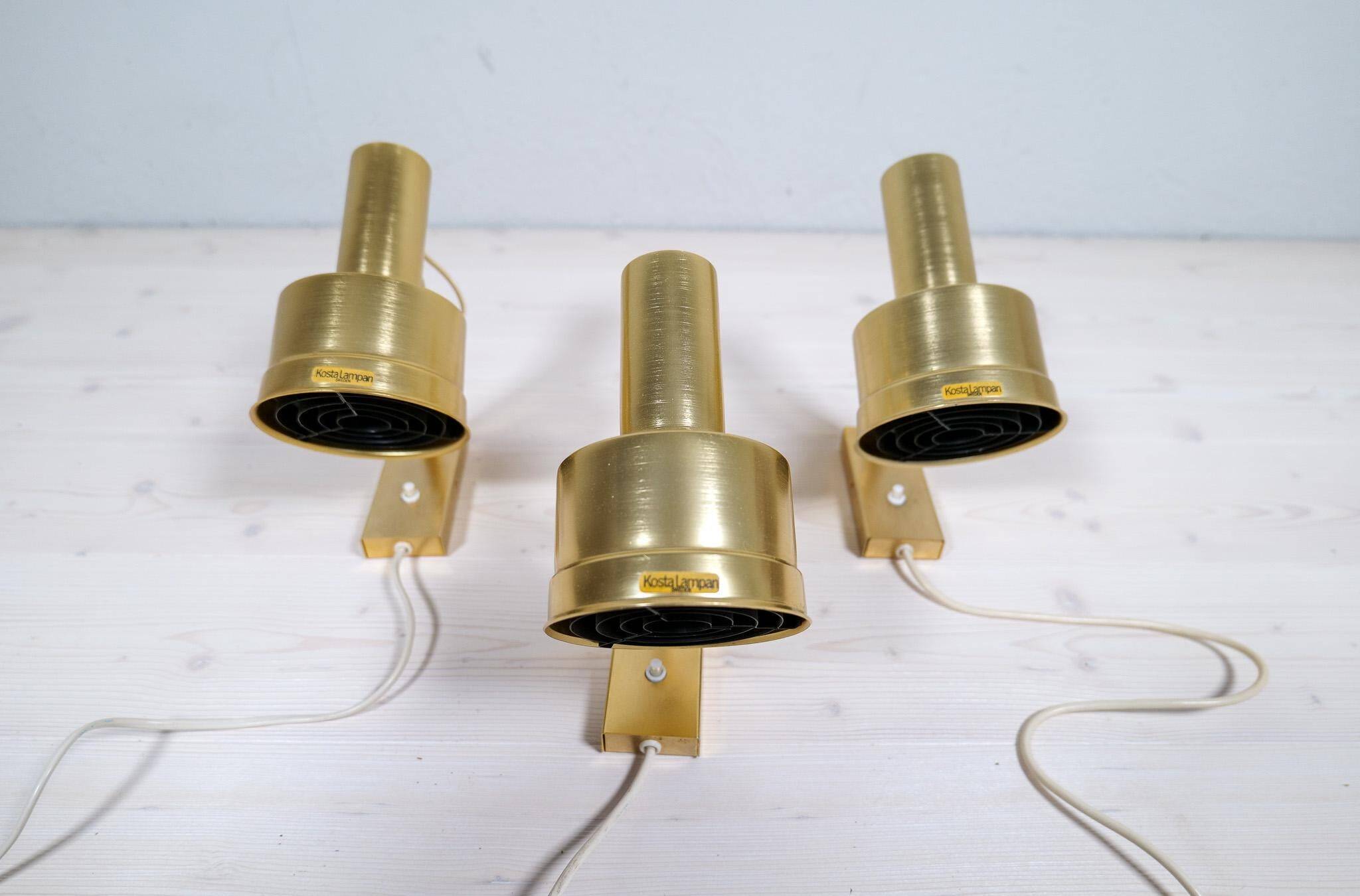 Mid-Century Modern Set of 3 Brass Wall Sconces by Sundstedt Sweden