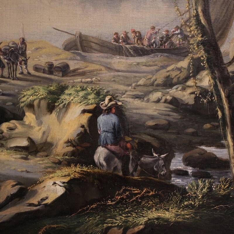 17th century Flemish painting, large landscape with sailing ships