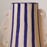 Blue and white striped ceramic abstract vase
