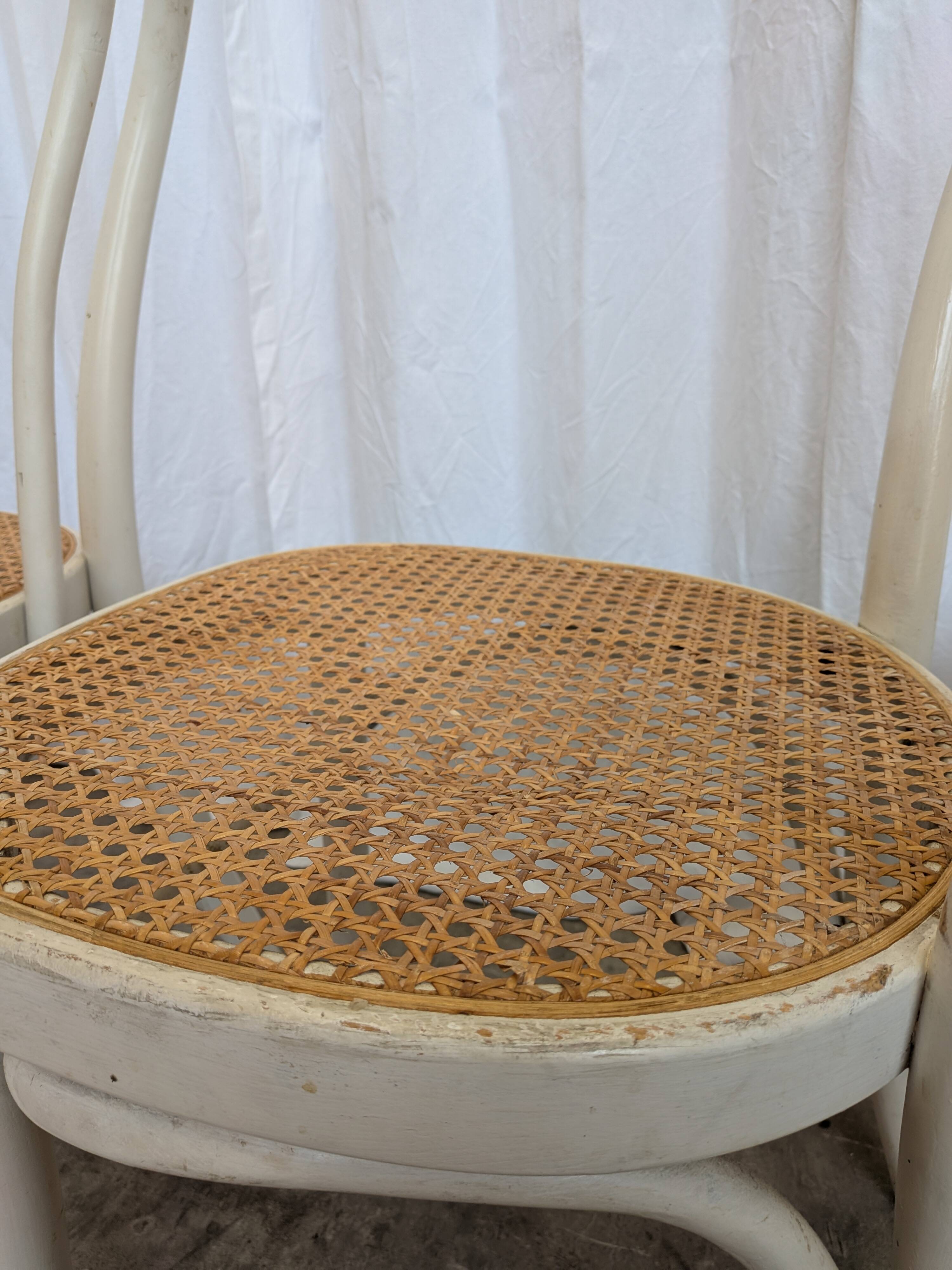 Ensemble de 6 chaises de salle à manger vintage de style Thonet : bois blanc et assise en cannage.