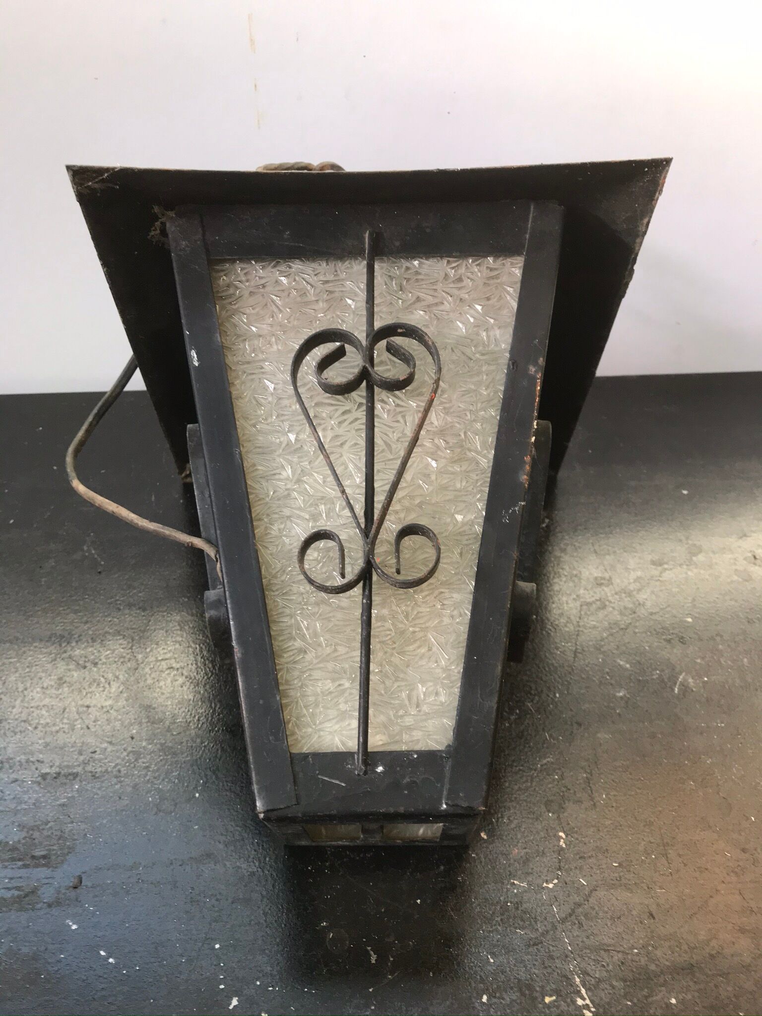 Suspension Old Lantern Metal Black - Vintage 70s Moulded Glass