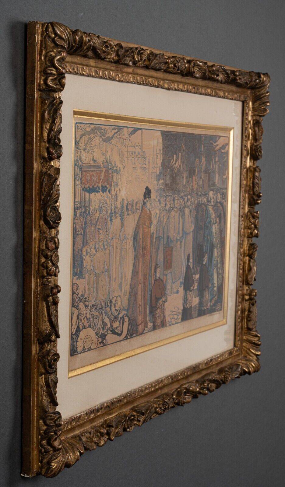 Engraving Auguste Lepère enhanced religious procession Nantes cathedral