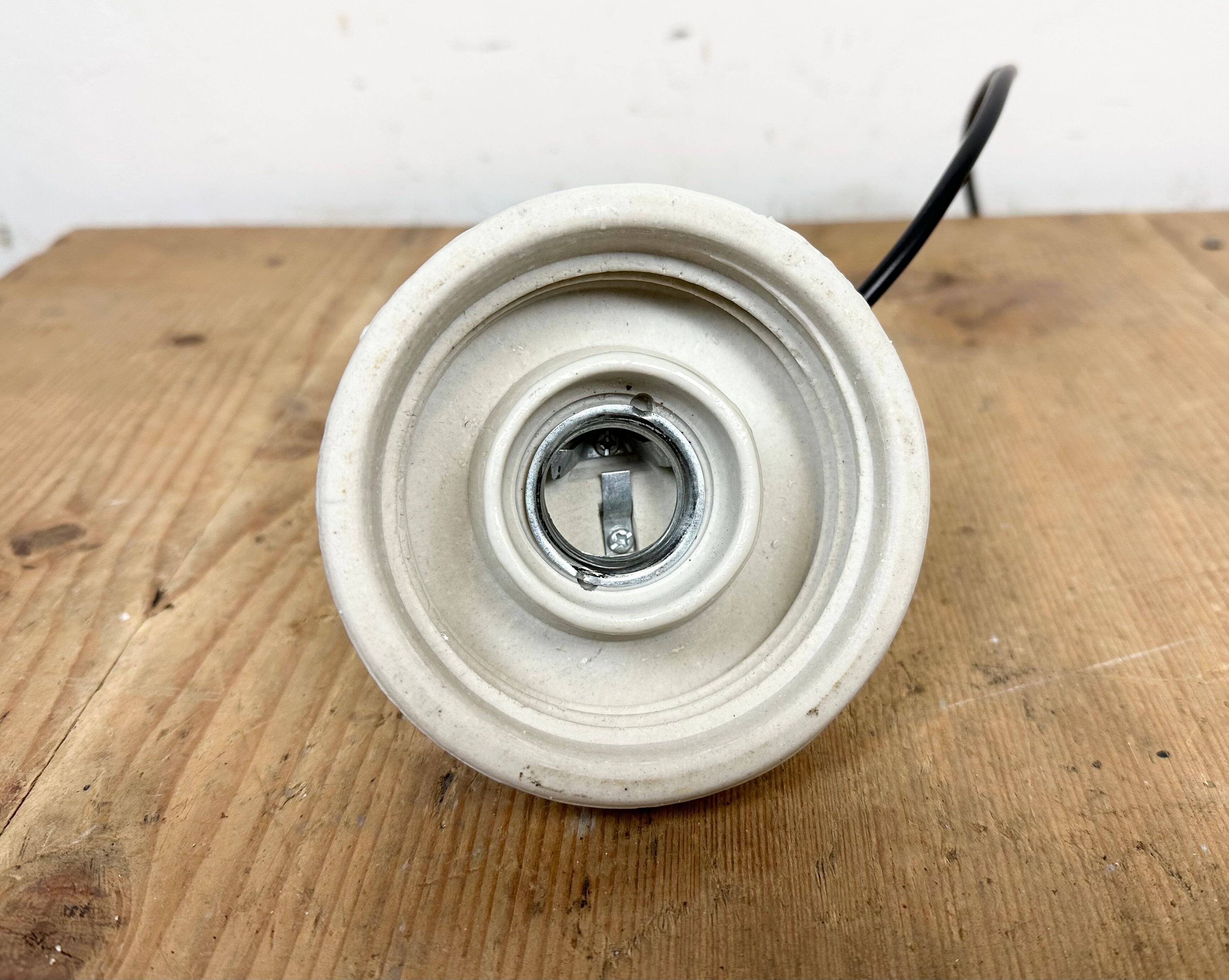 Industrial white porcelain pendant light with ribbed glass, 1970s