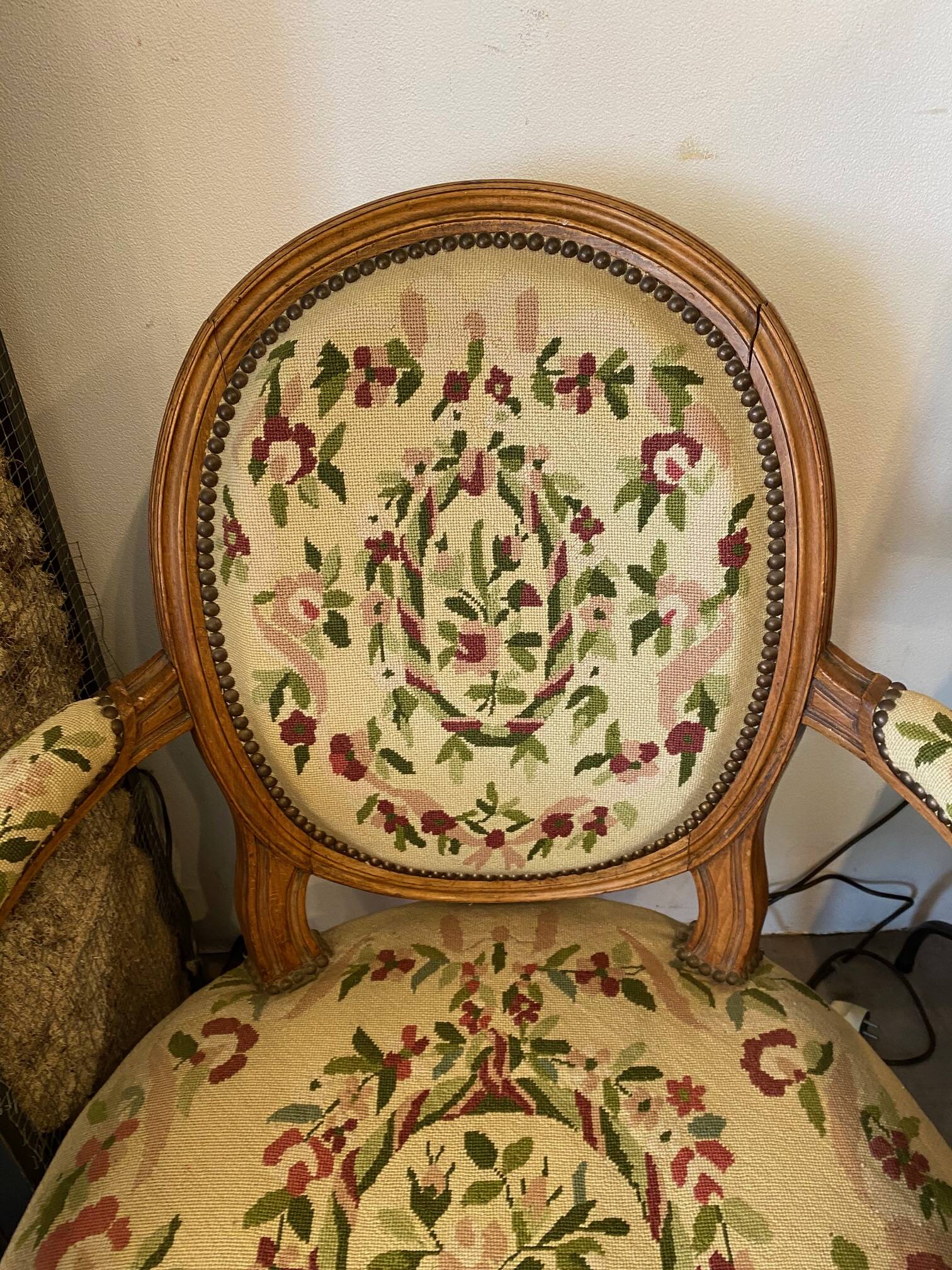 Louis XVI style medallion armchair with floral needlepoint tapestry