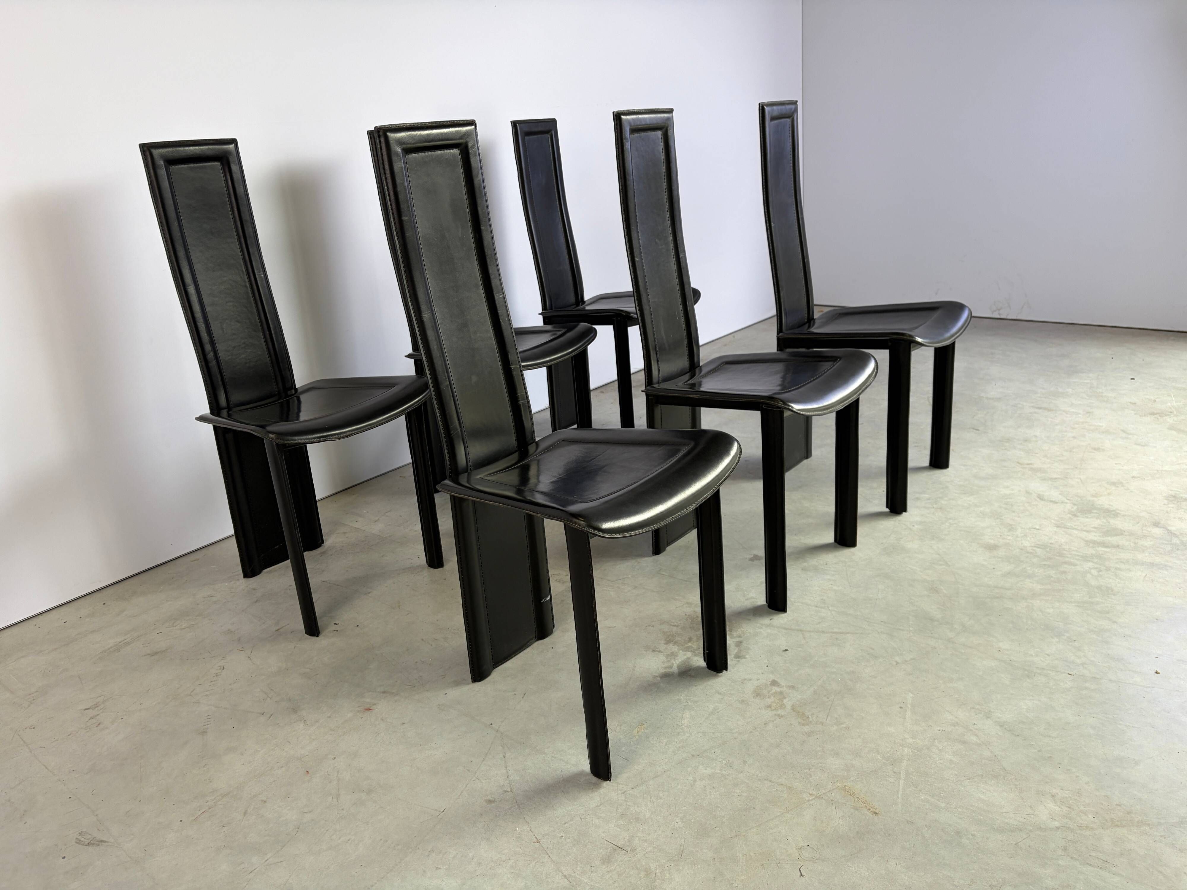 Vintage black leather dining chairs, set of 6, 1980s
