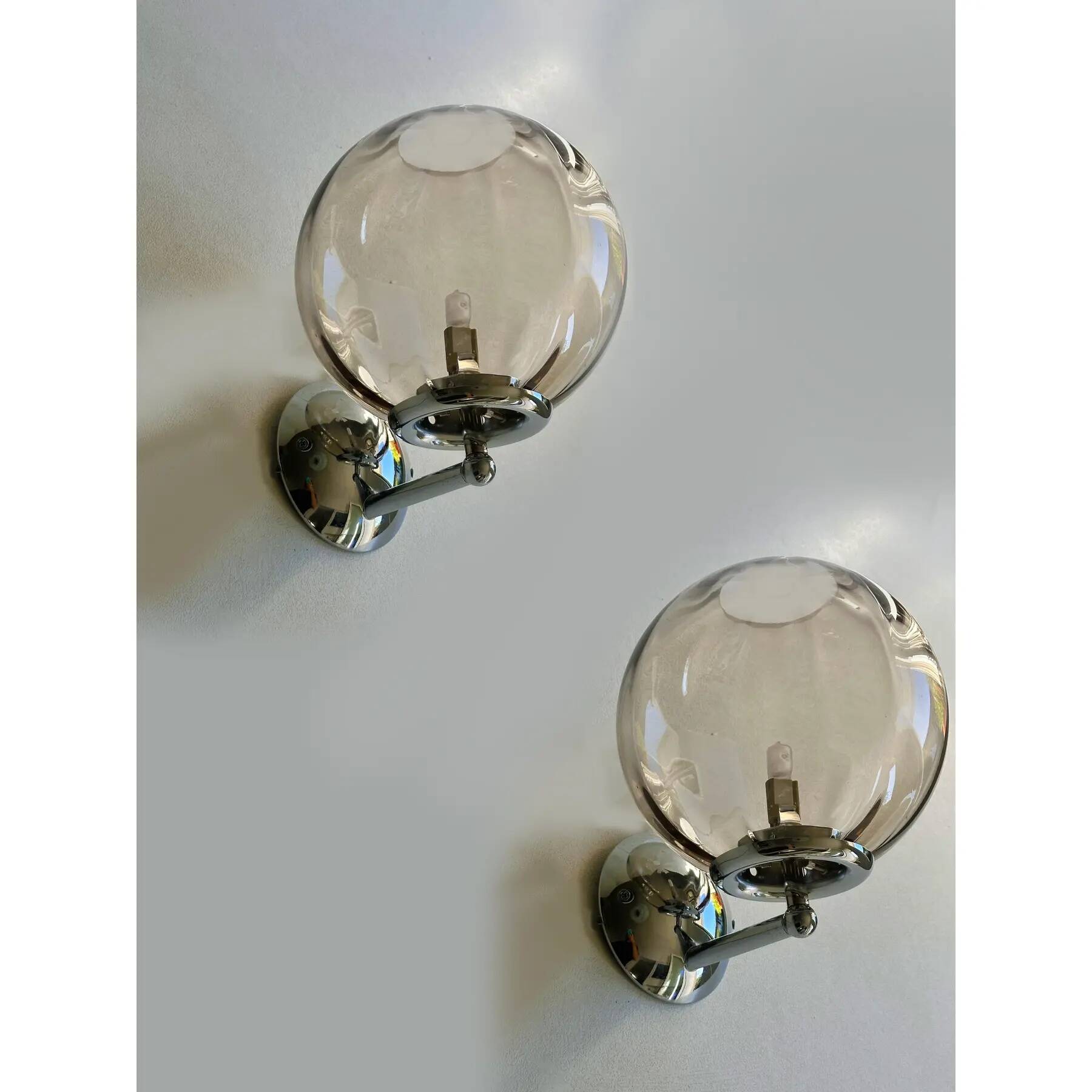 Set of Two Contemporary Smoked-Fumè Sphere Murano Glass Wall Sconces