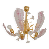 Vintage Italian chandelier in pink Murano glass and gold metal, 1970s.