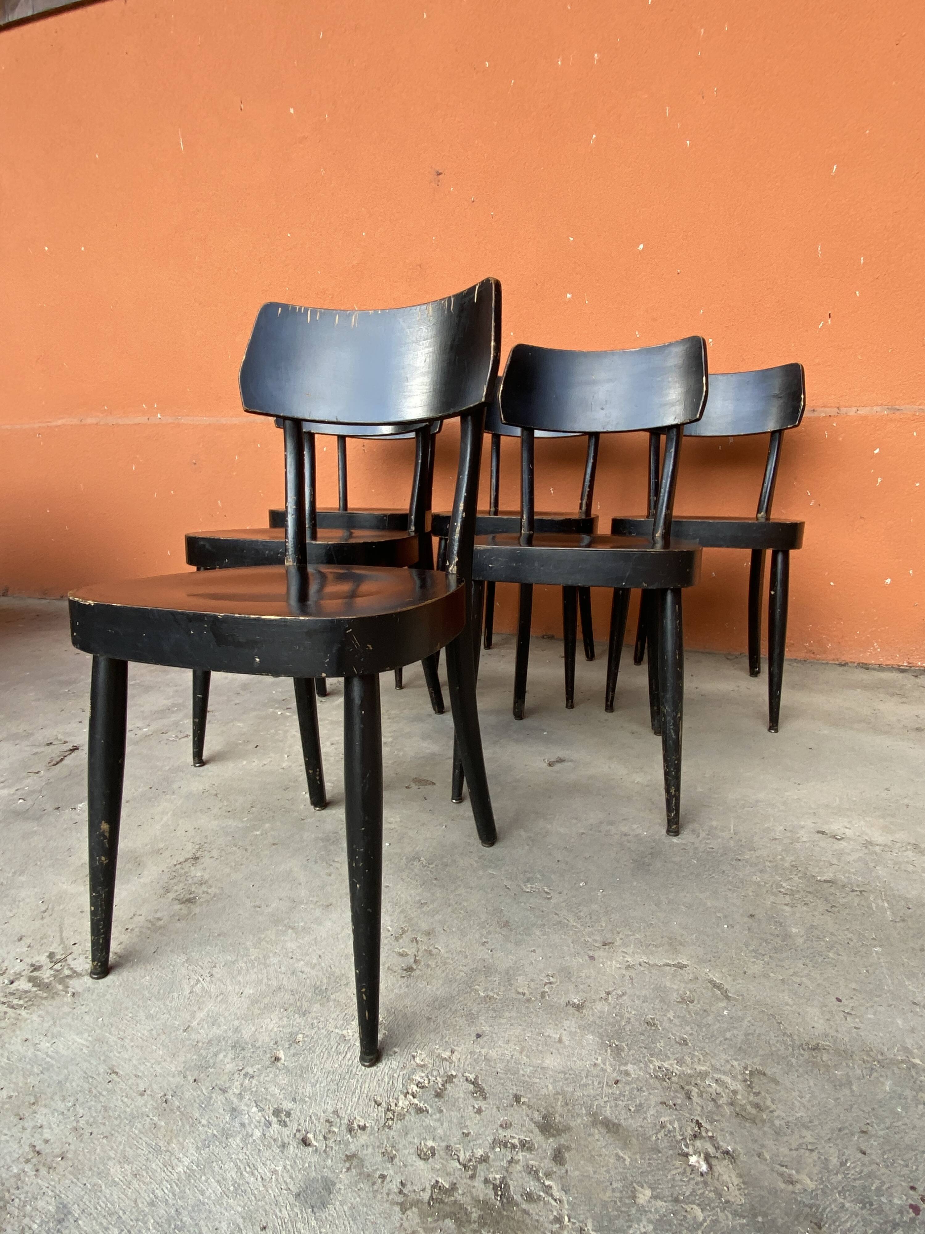6 patinated curved wood bistro chairs