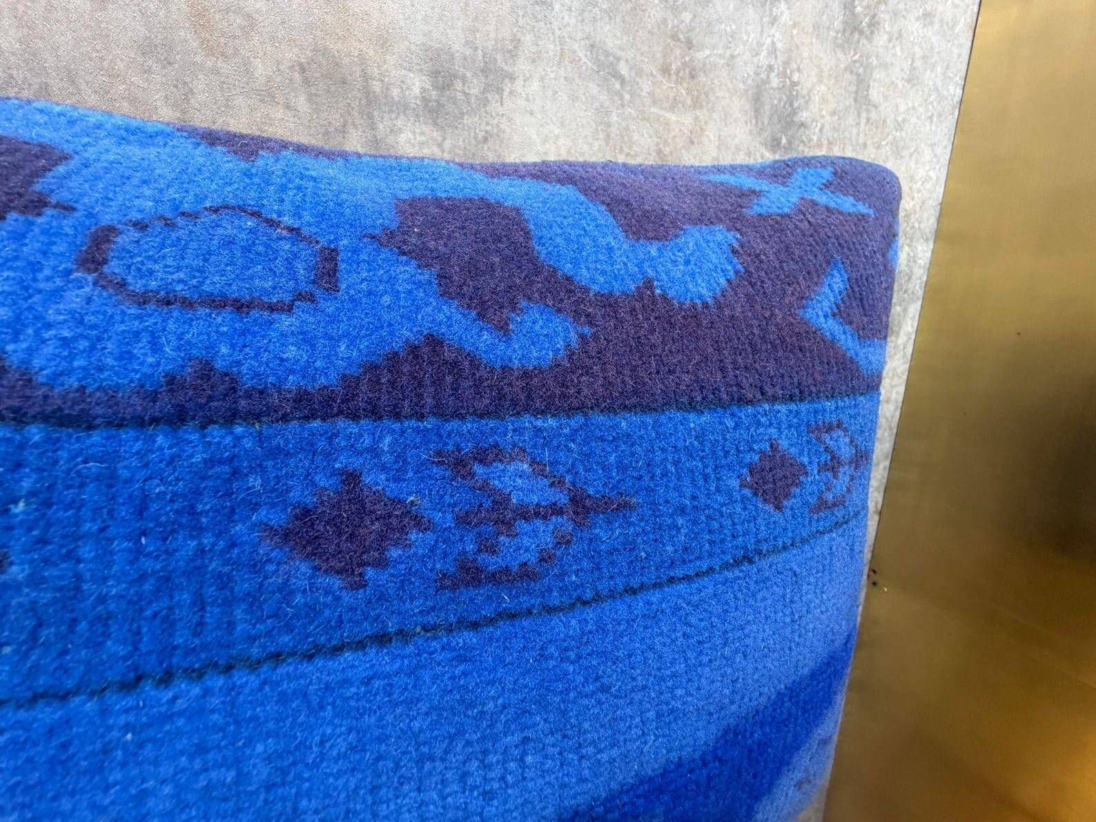 Vintage Turkish Wool Lumbar Pillow, Handmade Blue Geometric Rug Cushion