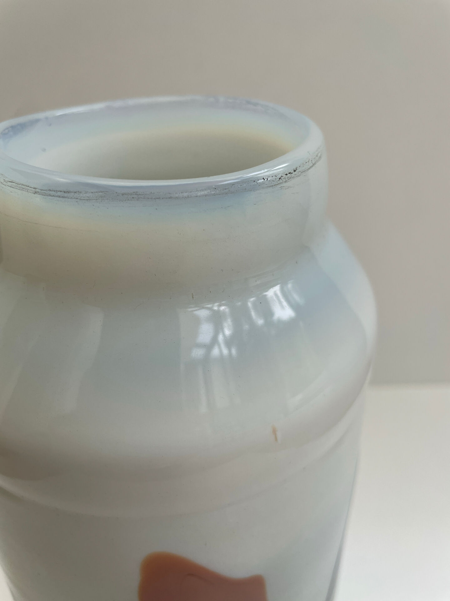 Blown opaline glass vase with coloured inclusions