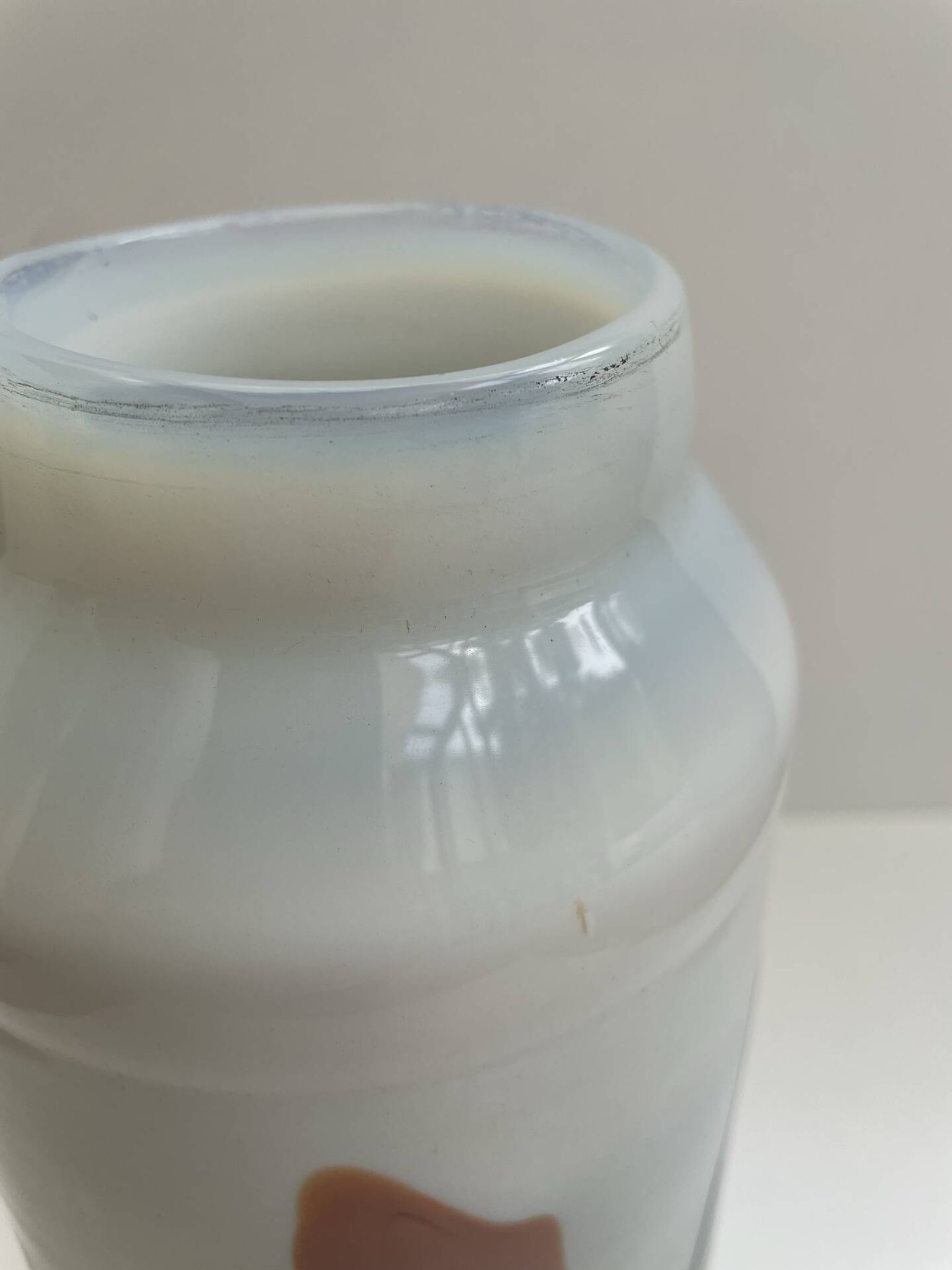 Blown opaline glass vase with coloured inclusions