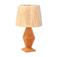 Wooden "totem" lamp, raffia lampshade, 70s