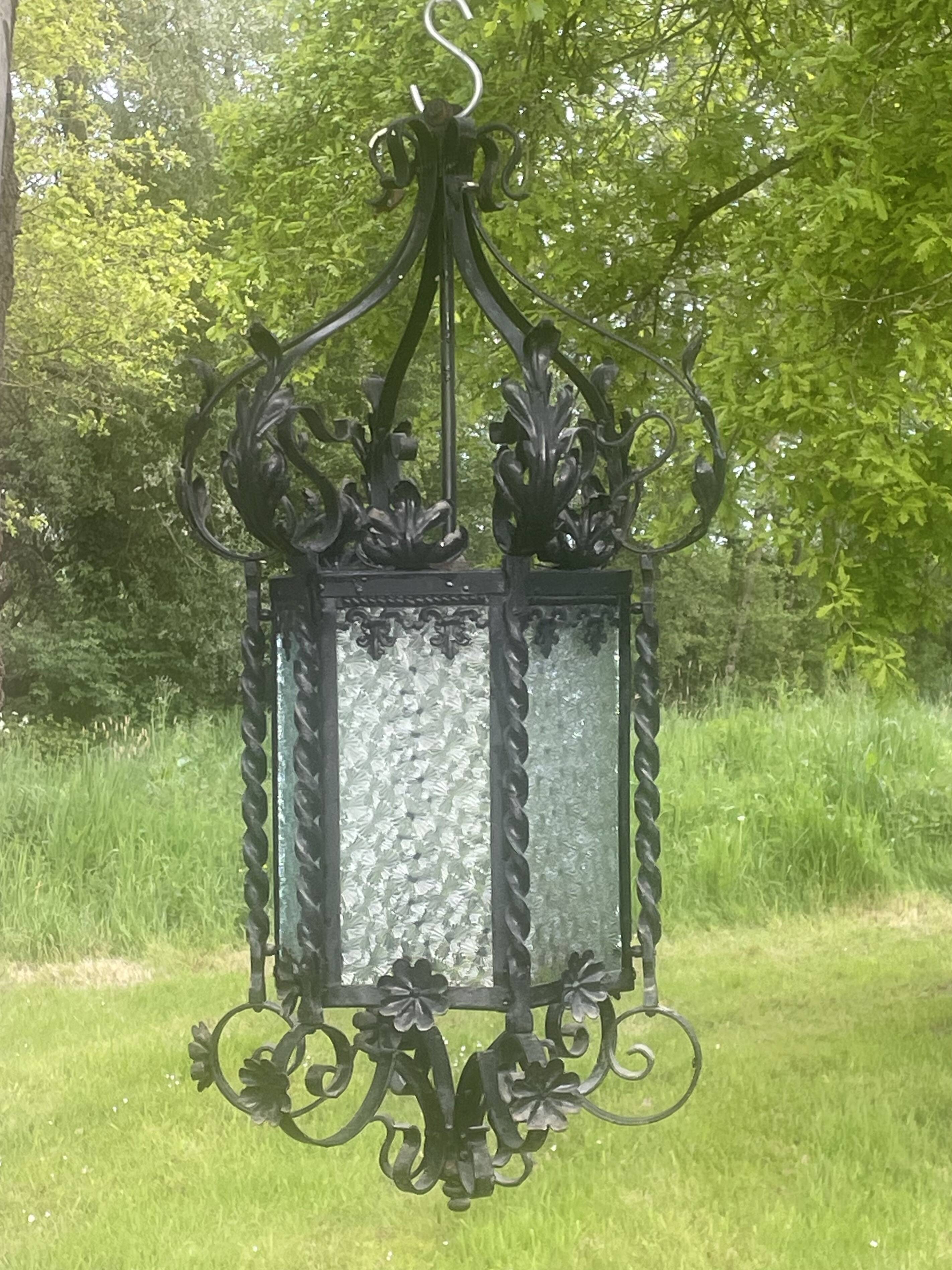 Vestibule lantern, hall, wrought iron entrance & cathedral glass, 80 cm pendant light