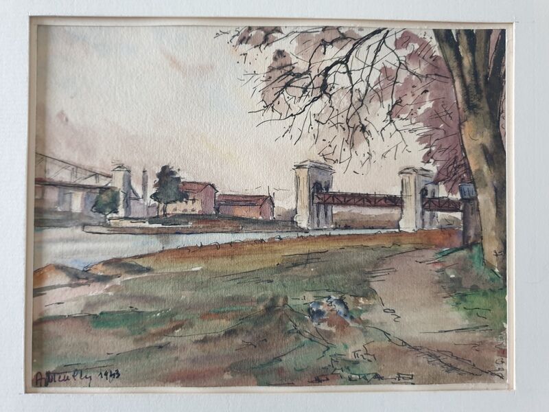 André Duculty (1912-1990) Watercolor on paper "Bord de Seine à Suresnes" Signed lower left