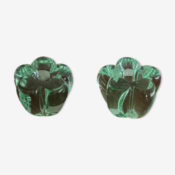 Pair of Daum France green flower candle holders signed