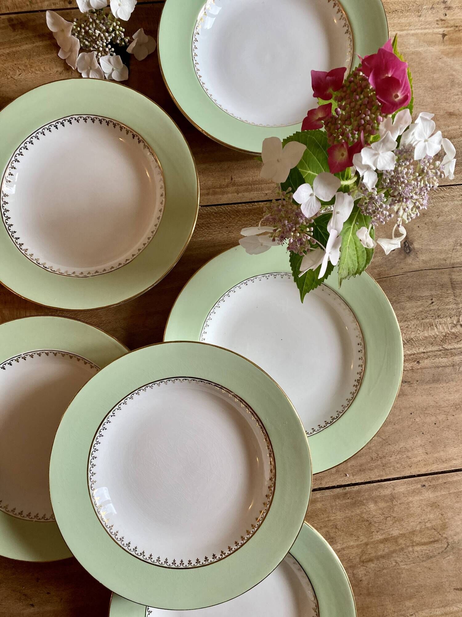 Set of 6 old mint and white hollow plates, the Amandinoise
