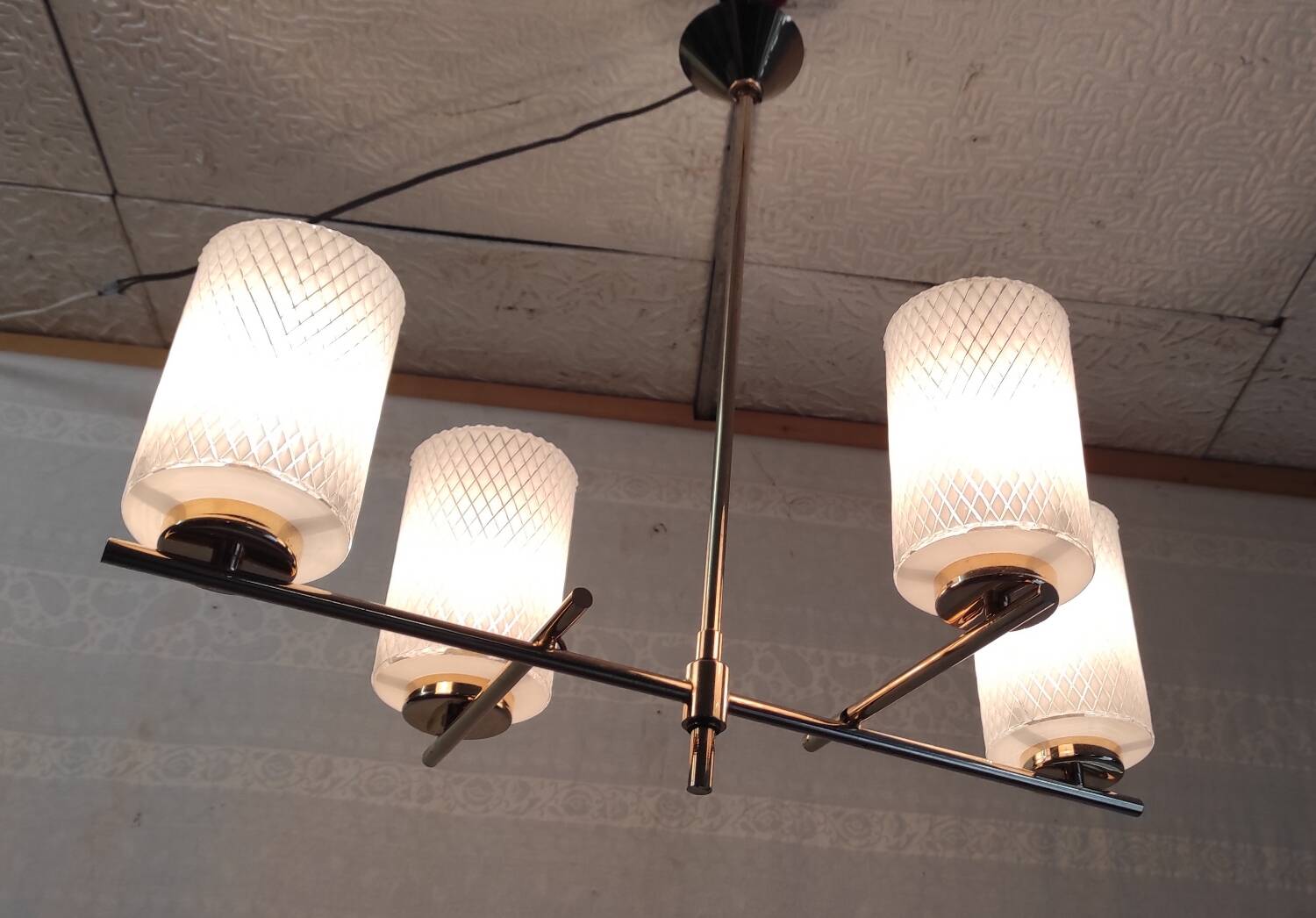 Modernist chandelier 4 lights in golden brass - 50s/60s