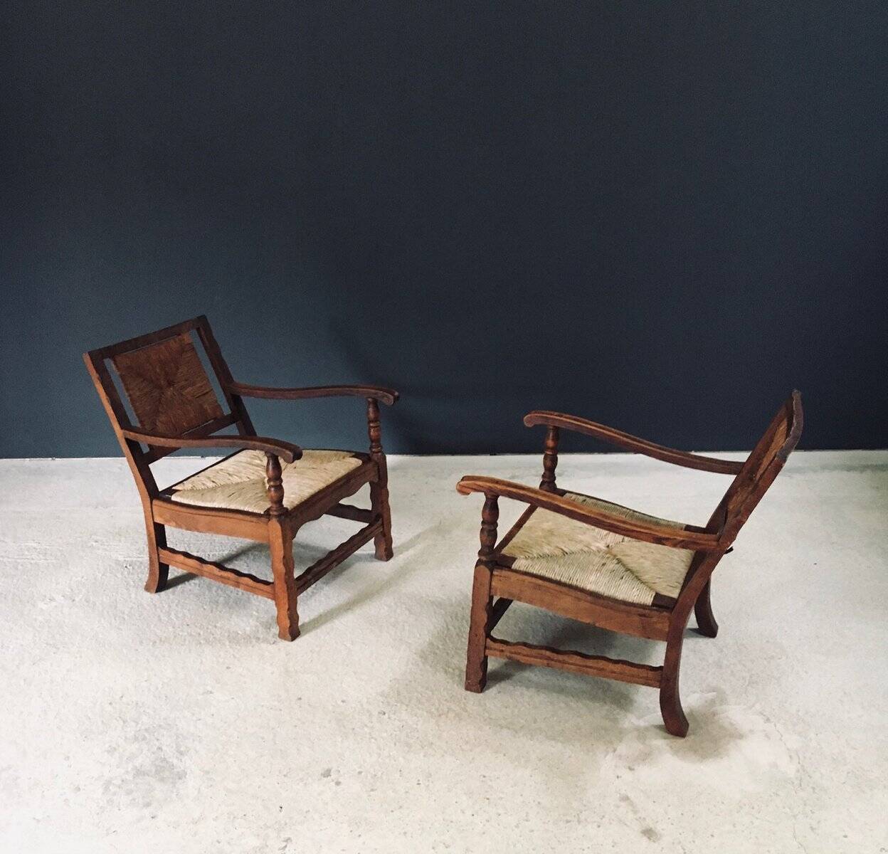 Arts & Crafts Handcrafted Low Lounge Armchairs, Belgium, 1920s, Set of 2