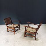 Arts & Crafts Handcrafted Low Lounge Armchairs, Belgium, 1920s, Set of 2