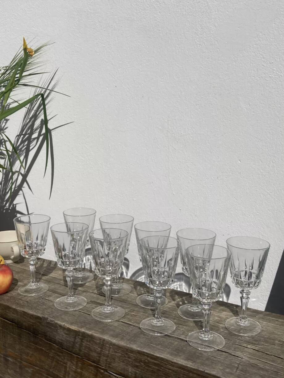 10 old cut stemmed glasses